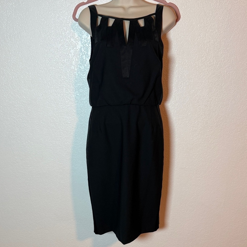 Adam Lippes Black Wool Little Black Dress Cut Out Design Satin Accents Size 6